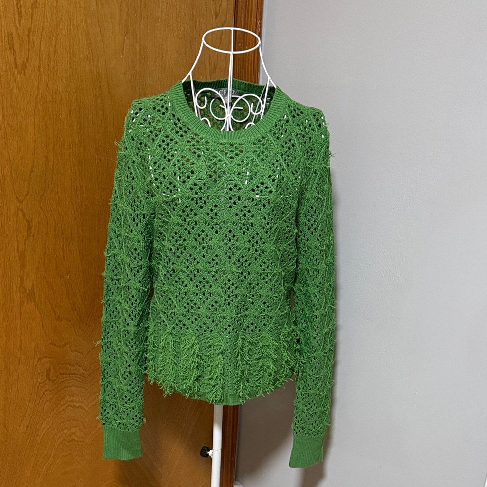 J. Crew Green Open-Knit Fringe Sweater